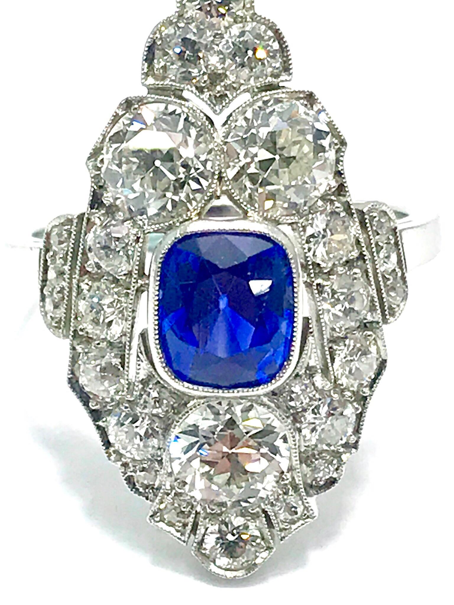 Natural No Heat Sapphire and Diamond Art Deco Style Platinum Ring 1