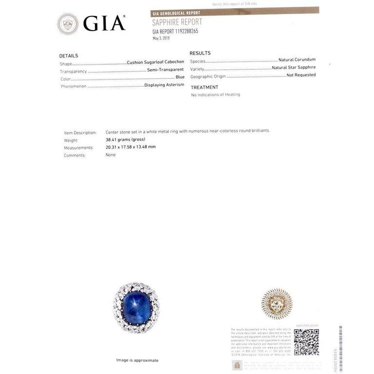 This captivating cocktail ring of prominent pyramidal design is centered with a GIA certified all natural NO HEAT cushion sugar loaf cabochon sapphire approx. 48.70 carats. This sapphire has No Heat Treatments.  The fascinating conundrum  measures