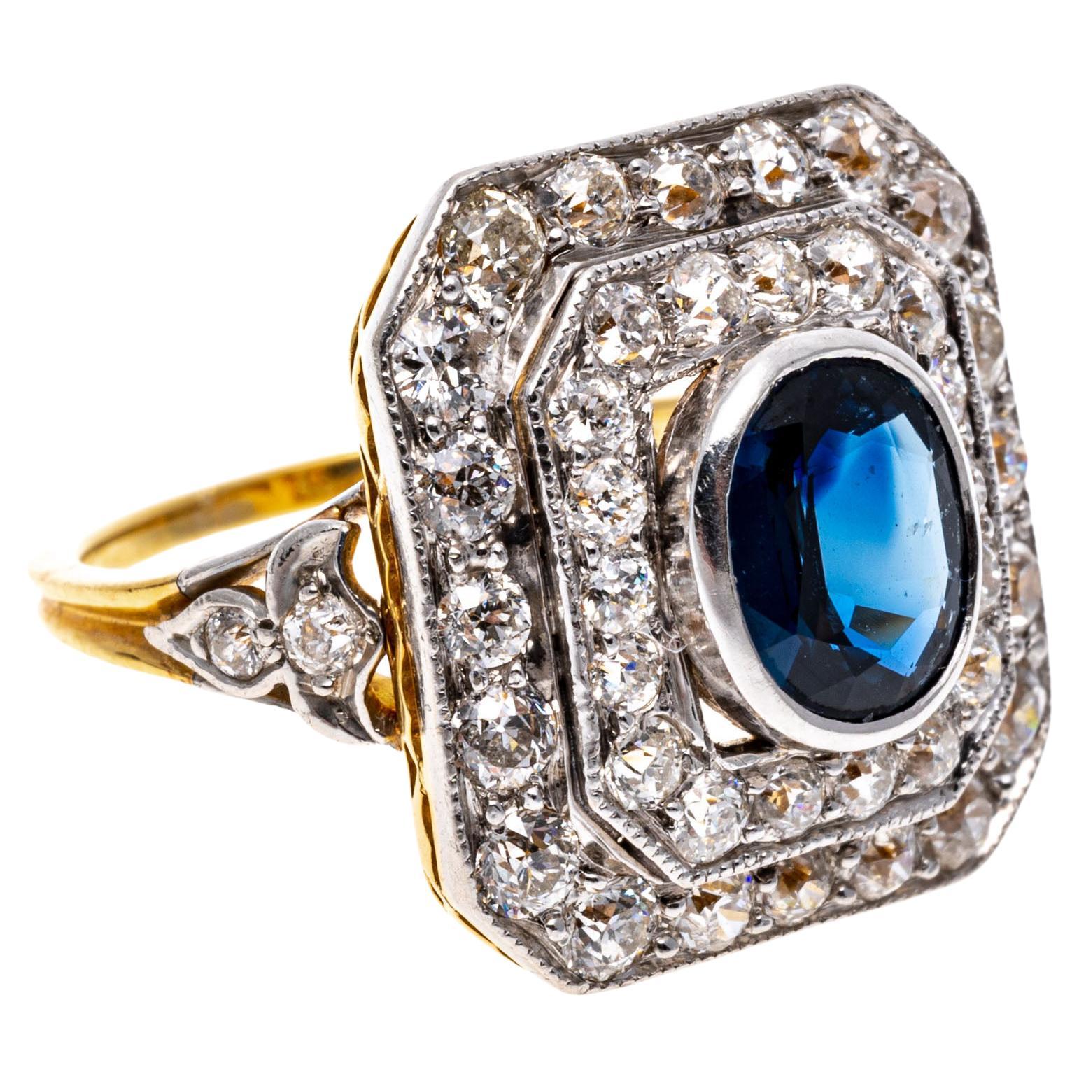 18k Gold Edwardian Style Oval Sapphire and Diamond Ring, App. 0.86 TCW For Sale