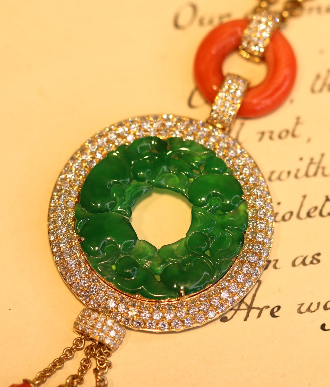 Natural No Treatment A Jadeite Coral Gold Diamond Pendant Necklace 1