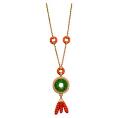 Natural No Treatment A Jadeite Coral Gold Diamond Pendant Necklace