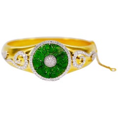 Natural No Treatment Jadeite Jade Diamond Yellow Gold Bangle Bracelet