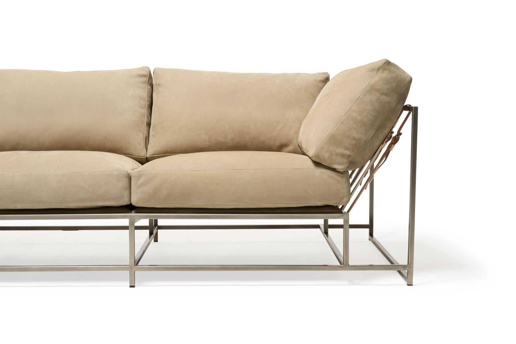 Metalwork Natural Nubuck Leather and Antique Nickel Sofa For Sale