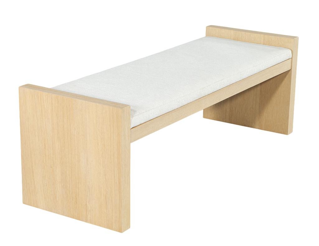 Natural Oak Bench in White Textured Linen For Sale 6