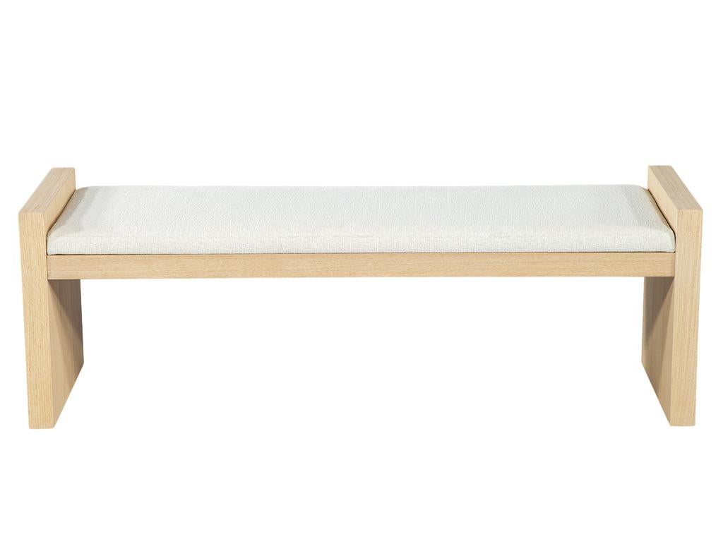Modern Natural Oak Bench in White Textured Linen For Sale