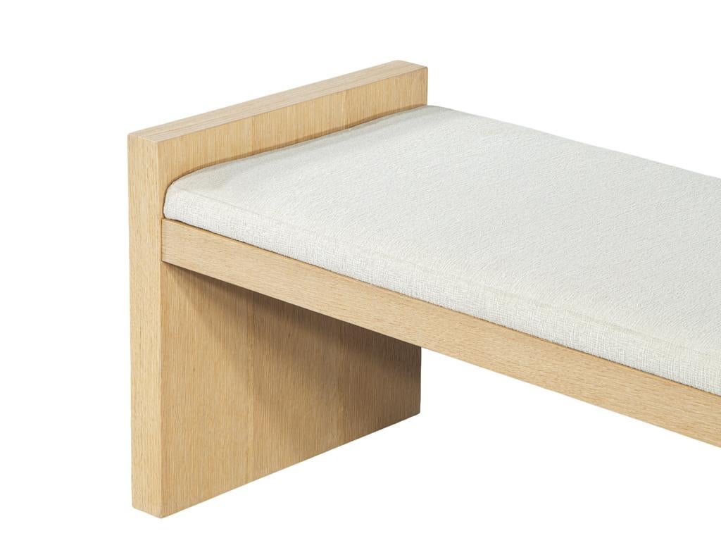 Contemporary Natural Oak Bench in White Textured Linen For Sale