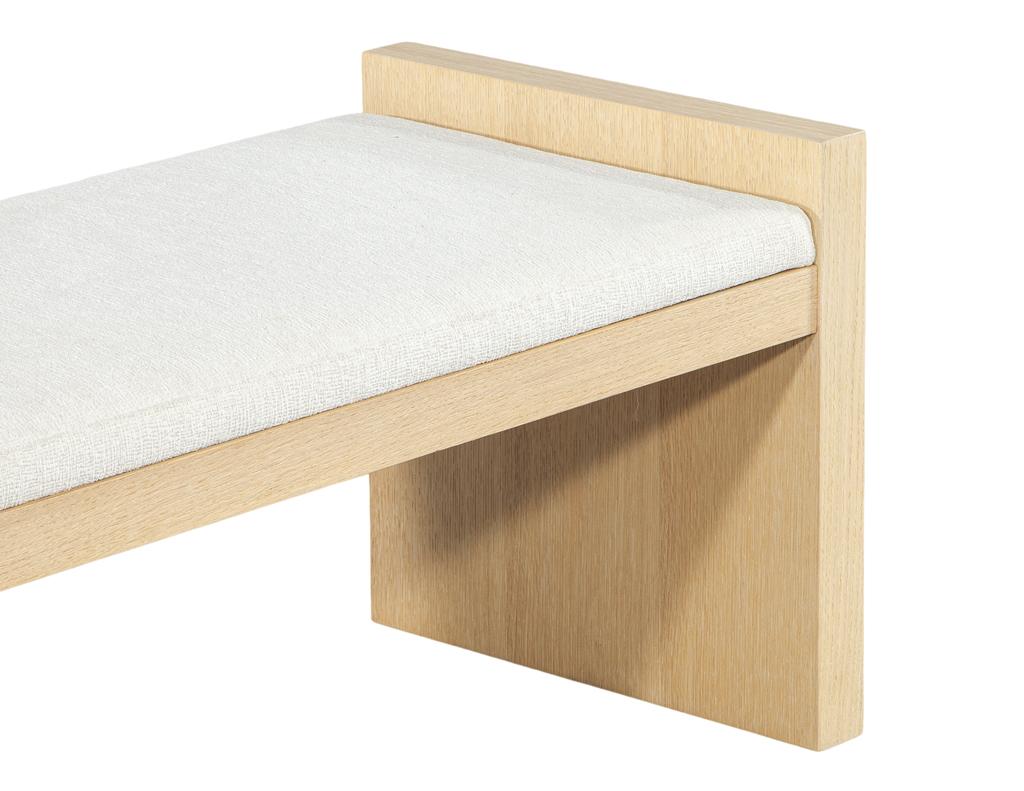 Natural Oak Bench in White Textured Linen For Sale 1