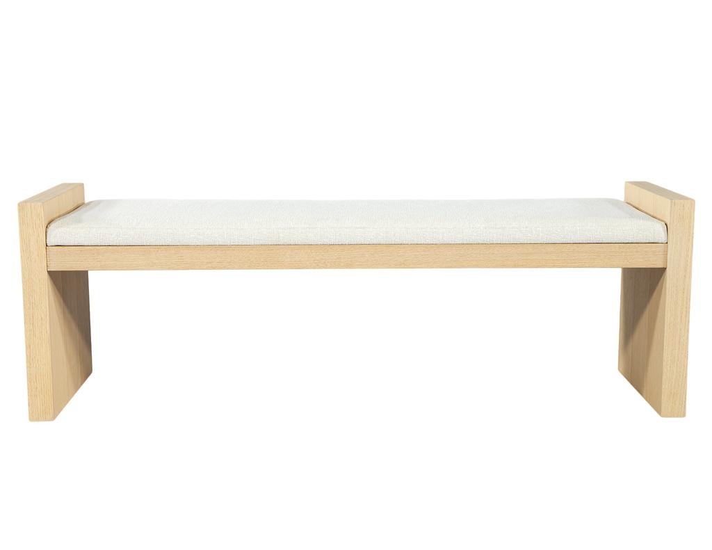 Natural Oak Bench in White Textured Linen For Sale 2