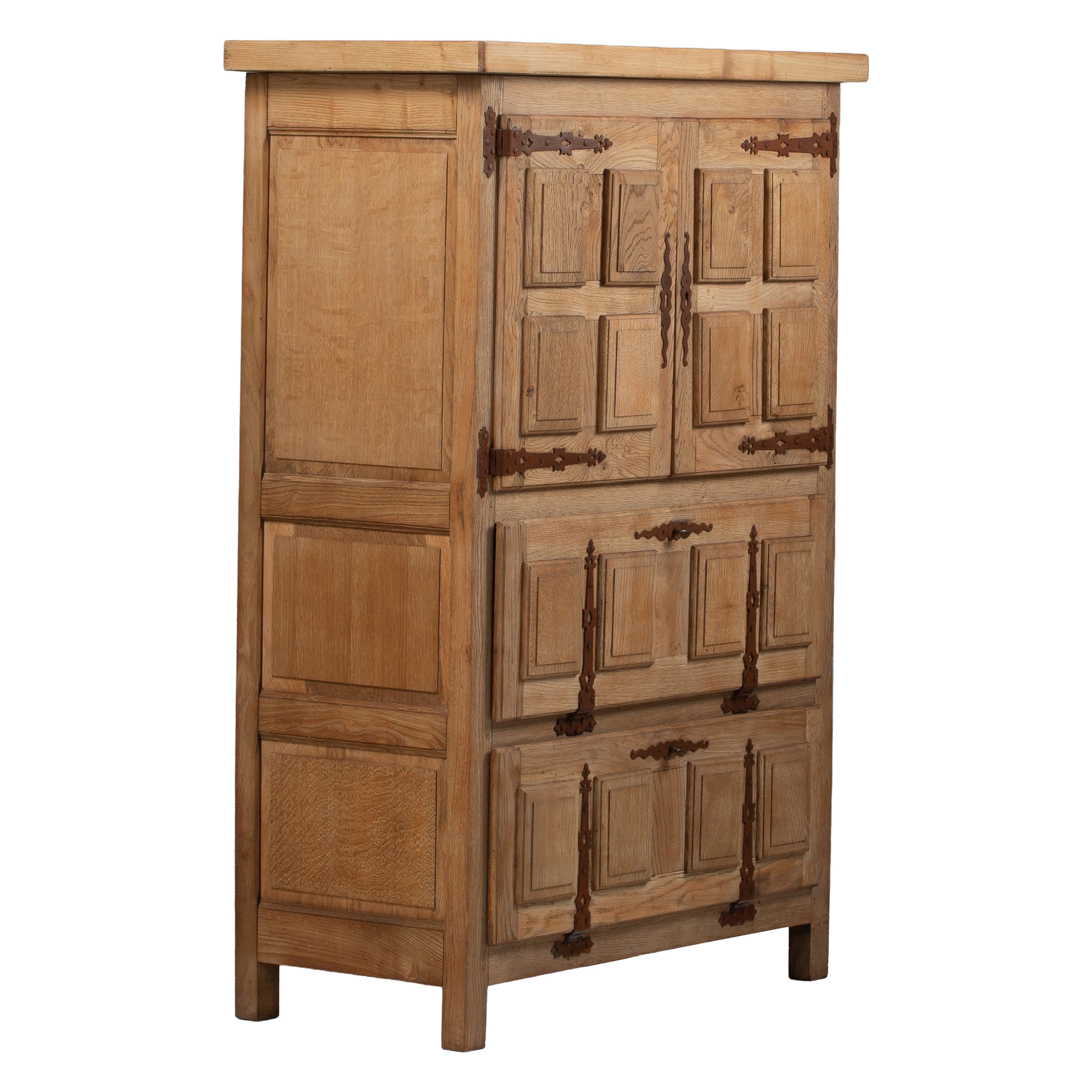 Brutalist French Cabinet in Solid Oak, 1940s For Sale