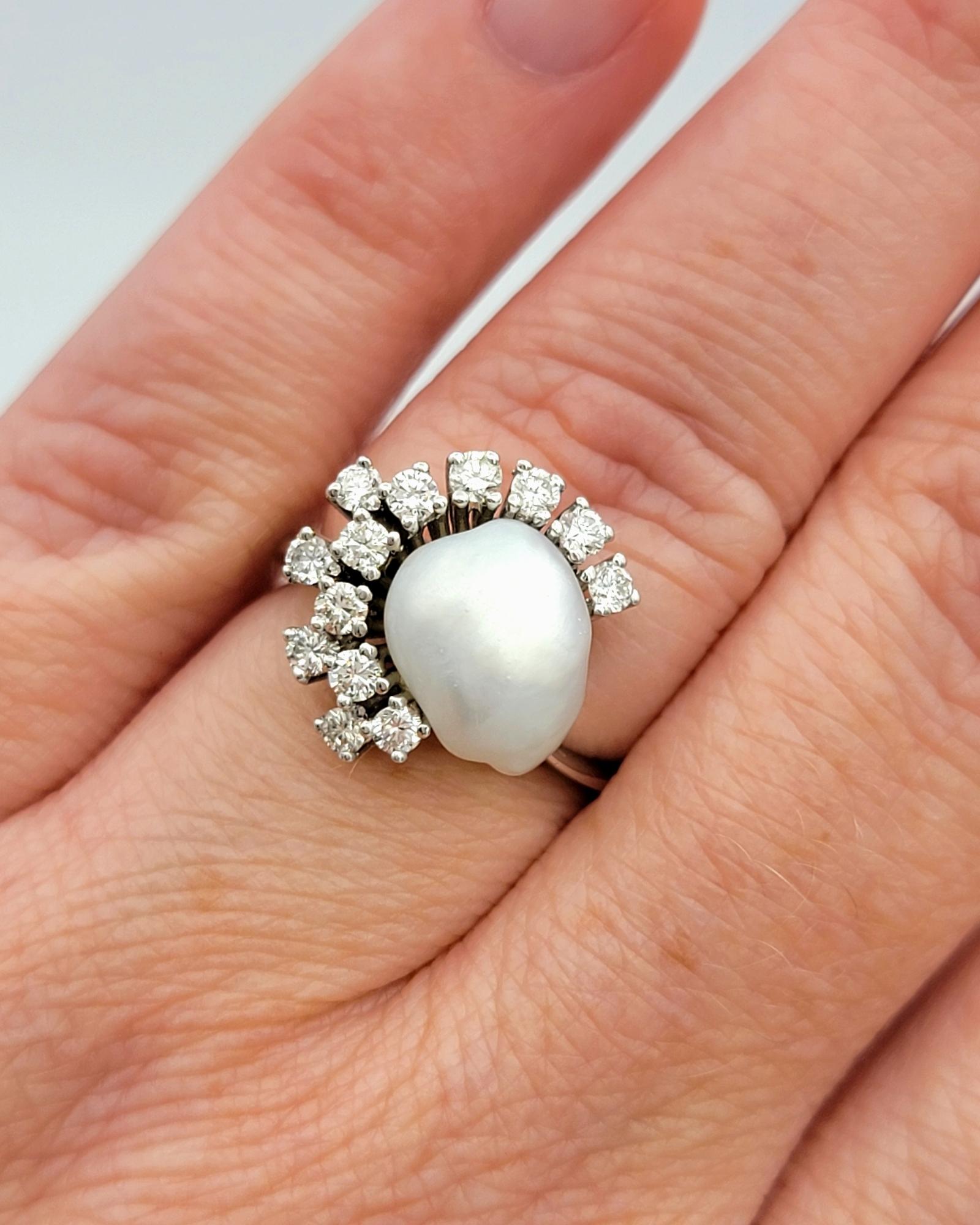 Natural Ocean Pearl and Diamond Spray Asymmetric Cocktail Ring in 14 Karat Gold For Sale 4