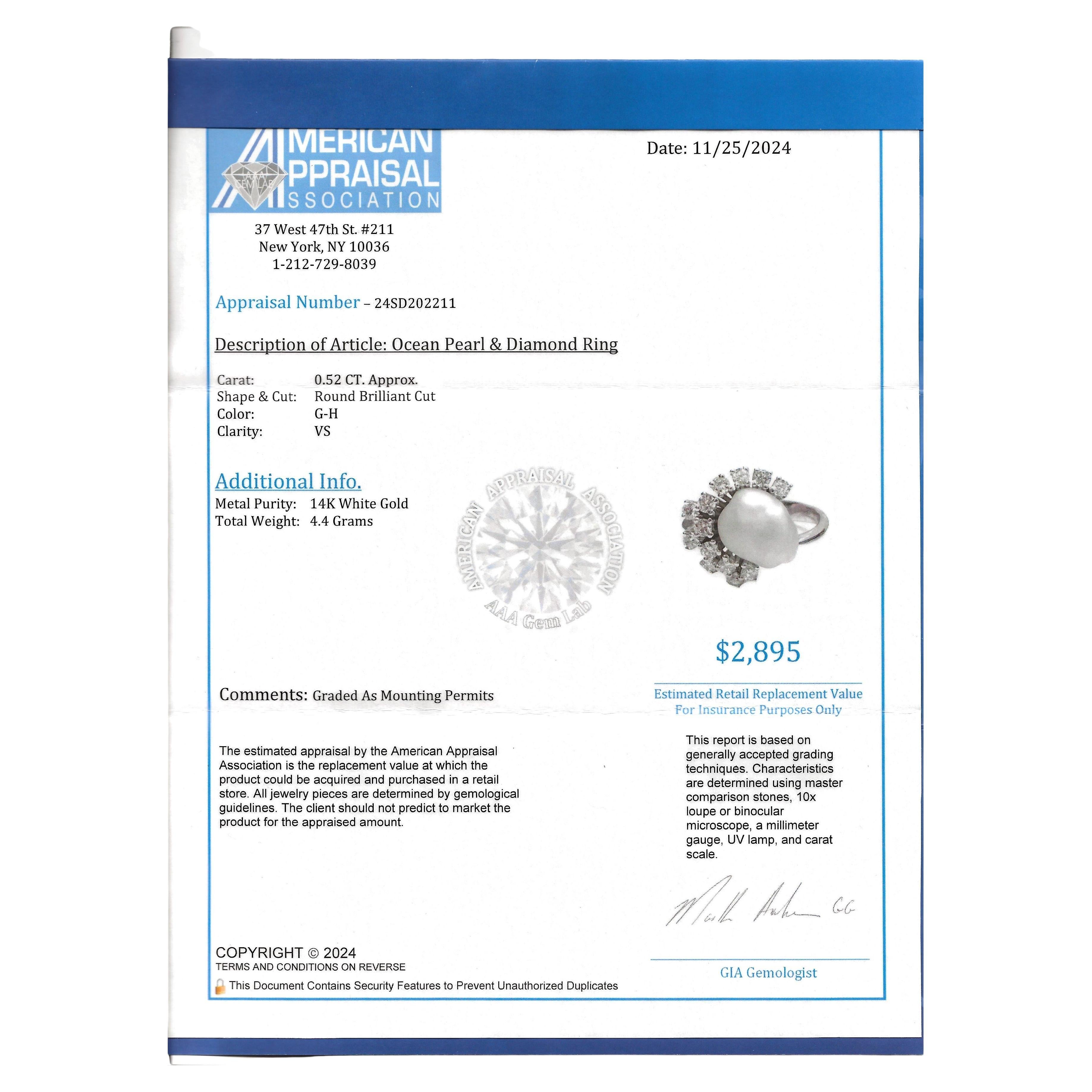 Natural Ocean Pearl and Diamond Spray Asymmetric Cocktail Ring in 14 Karat Gold For Sale 7