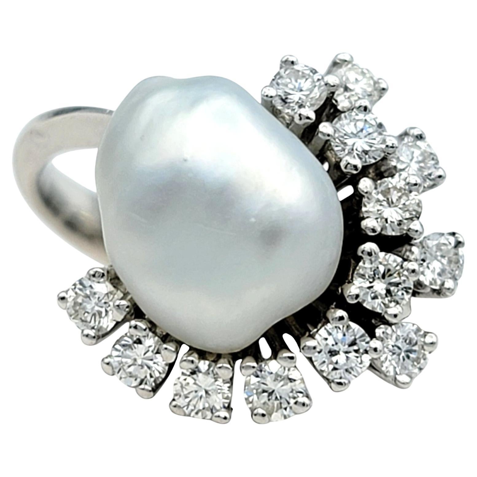Contemporary Natural Ocean Pearl and Diamond Spray Asymmetric Cocktail Ring in 14 Karat Gold For Sale