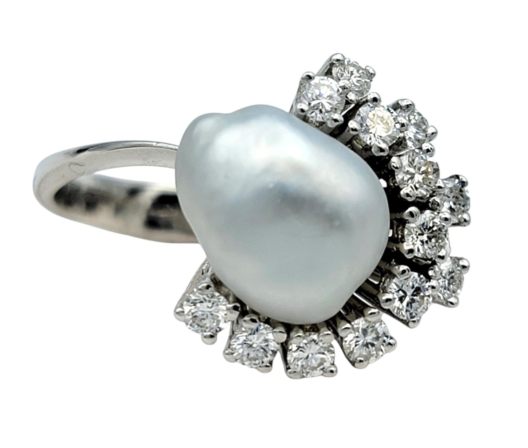 Round Cut Natural Ocean Pearl and Diamond Spray Asymmetric Cocktail Ring in 14 Karat Gold For Sale