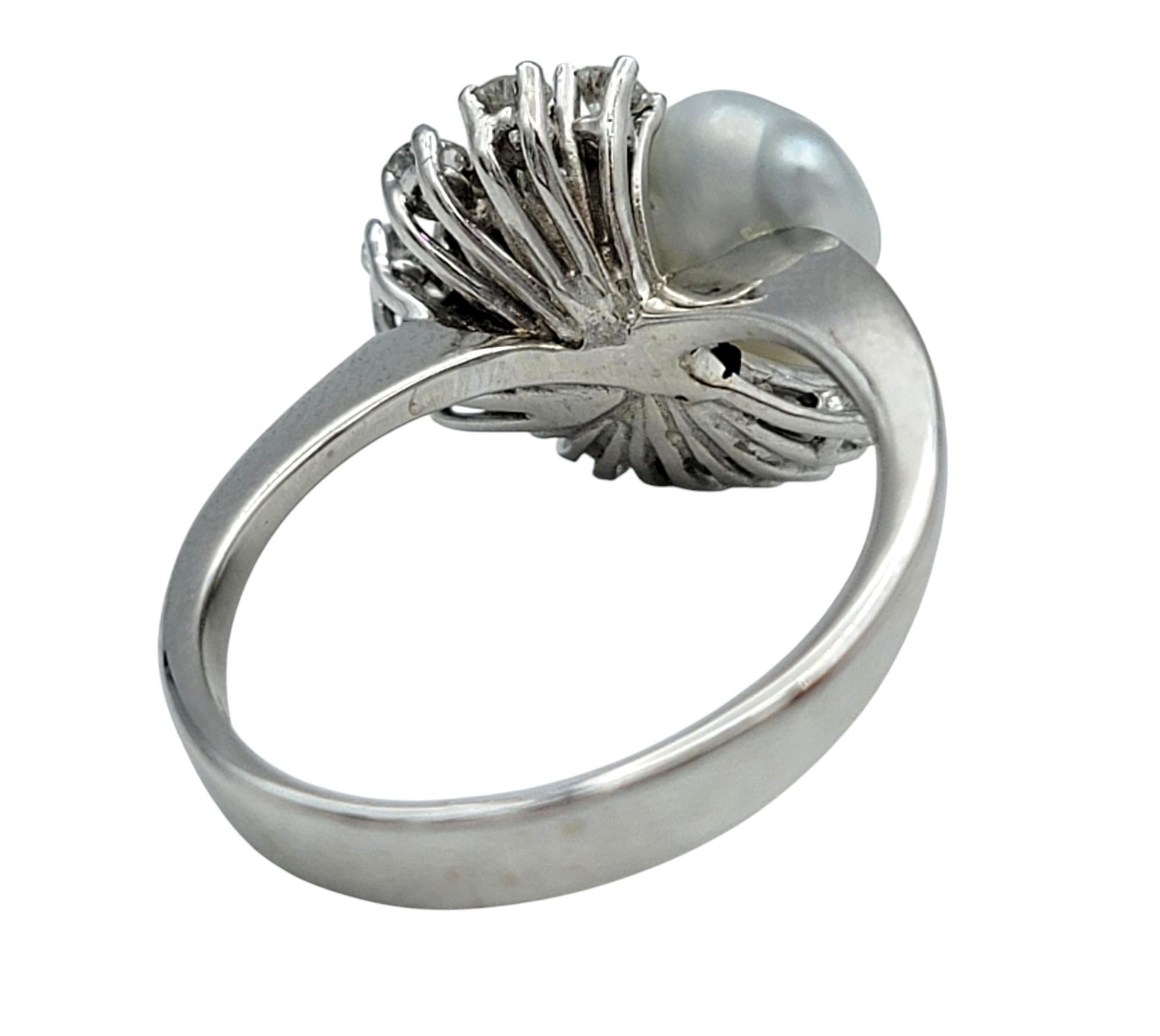 Natural Ocean Pearl and Diamond Spray Asymmetric Cocktail Ring in 14 Karat Gold For Sale 1