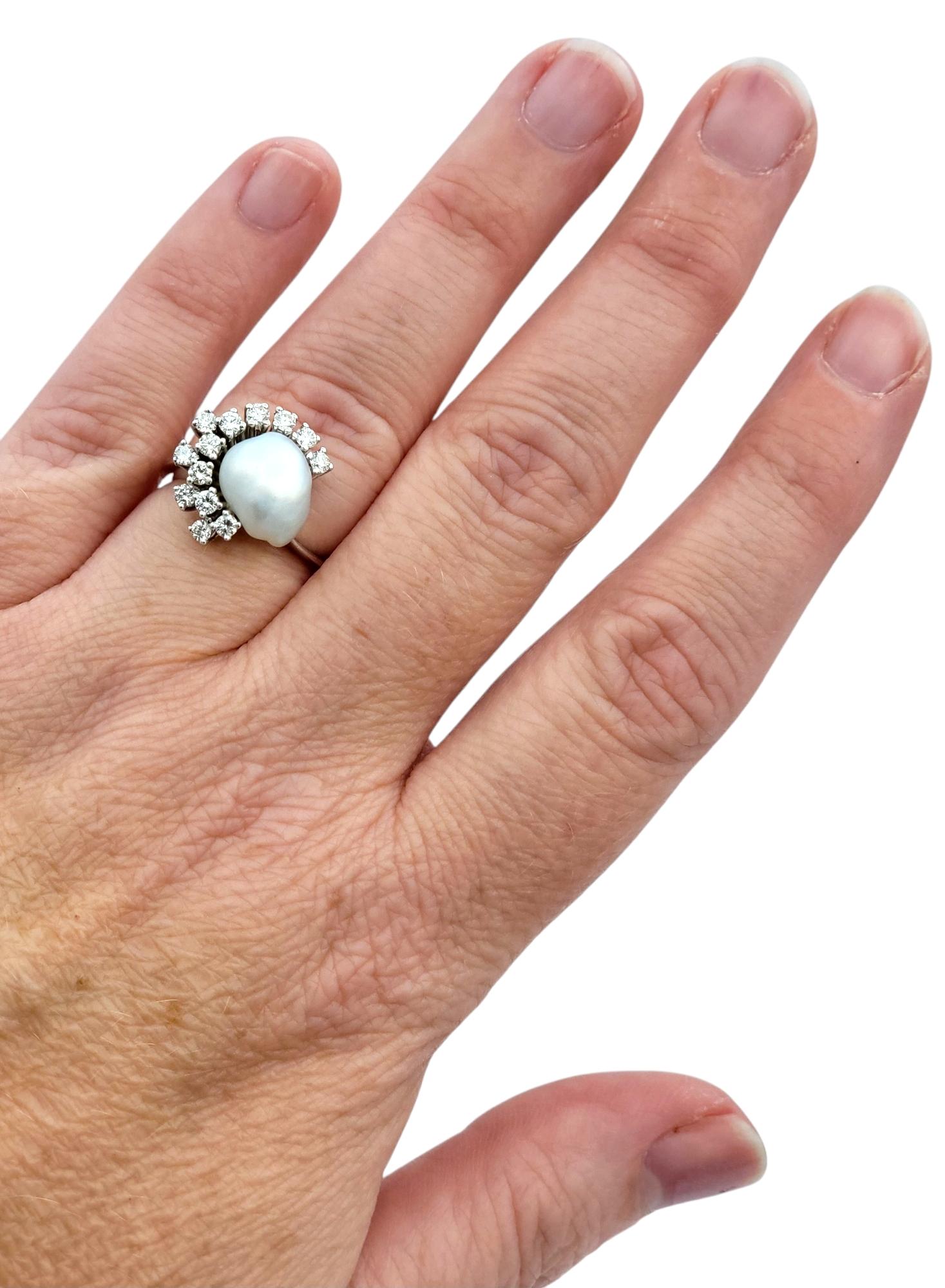 Natural Ocean Pearl and Diamond Spray Asymmetric Cocktail Ring in 14 Karat Gold For Sale 3