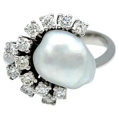 Natural Ocean Pearl and Diamond Spray Asymmetric Cocktail Ring in 14 Karat Gold