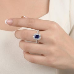Natural Octagon Blue Sapphire SI/H Diamond Halo Wedding Ring 18 Karat White Gold