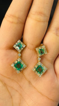 Natural  Emerald Diamond Dangle Earrings in 14K Yellow Gold