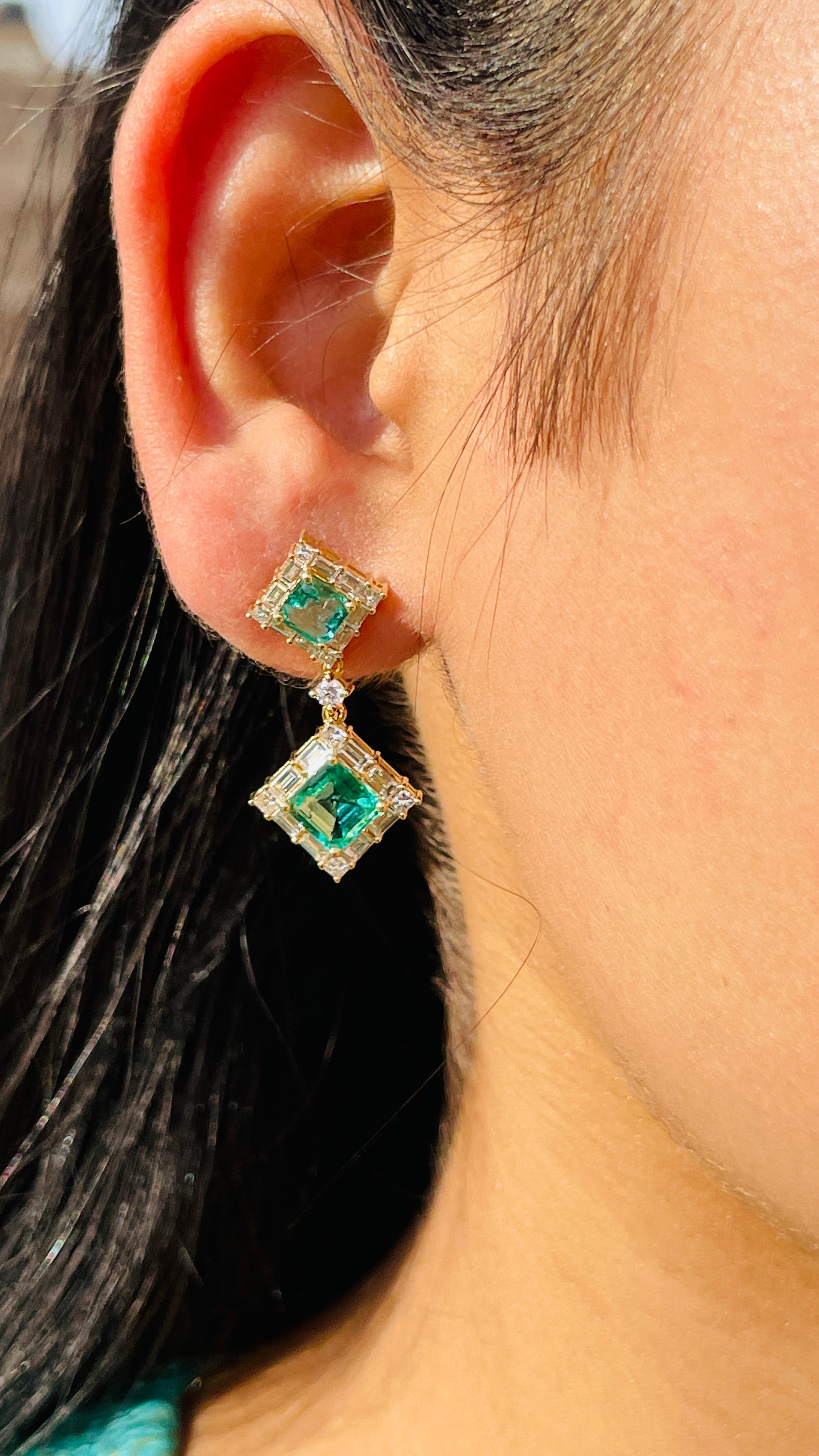 Asscher Cut Natural  Emerald Diamond Dangle Earrings in 14K Yellow Gold For Sale