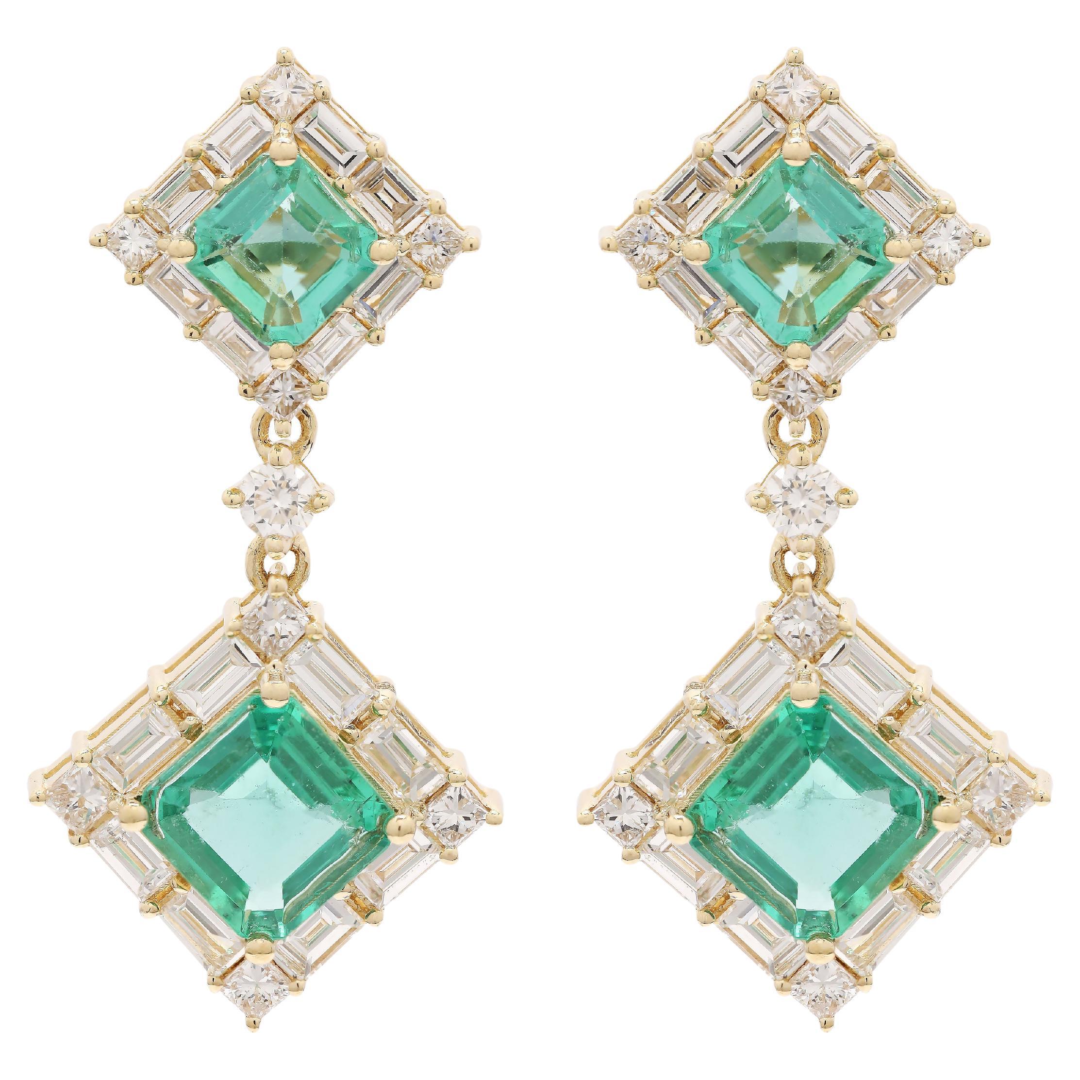 Natural  Emerald Diamond Dangle Earrings in 14K Yellow Gold