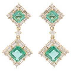 Natural Octagon Cut Emerald Diamond Dangle Earrings in 14K Yellow Gold