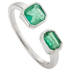 Natural Octagon Emerald Toi Et Moi Open Ring in 14K White Gold Modern Style