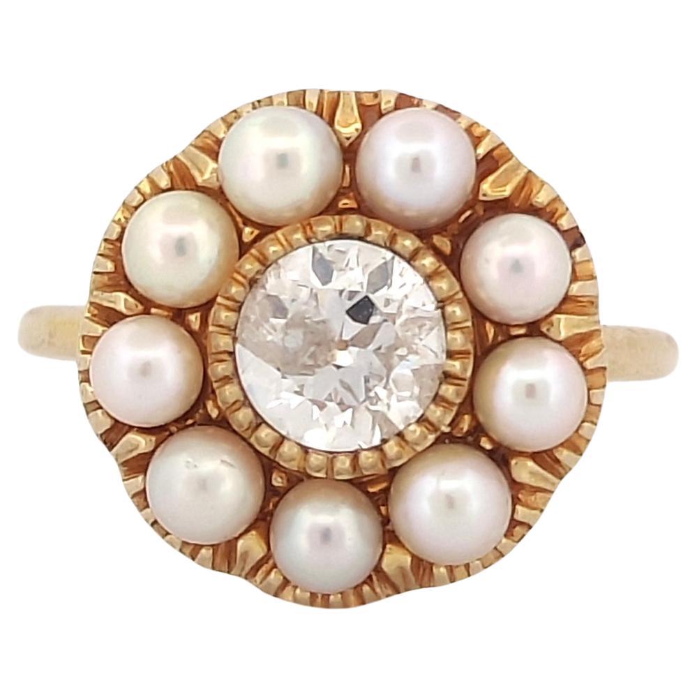 Natural Old Mine Cut Diamond Ring with Pearls in 18K Gold For Sale