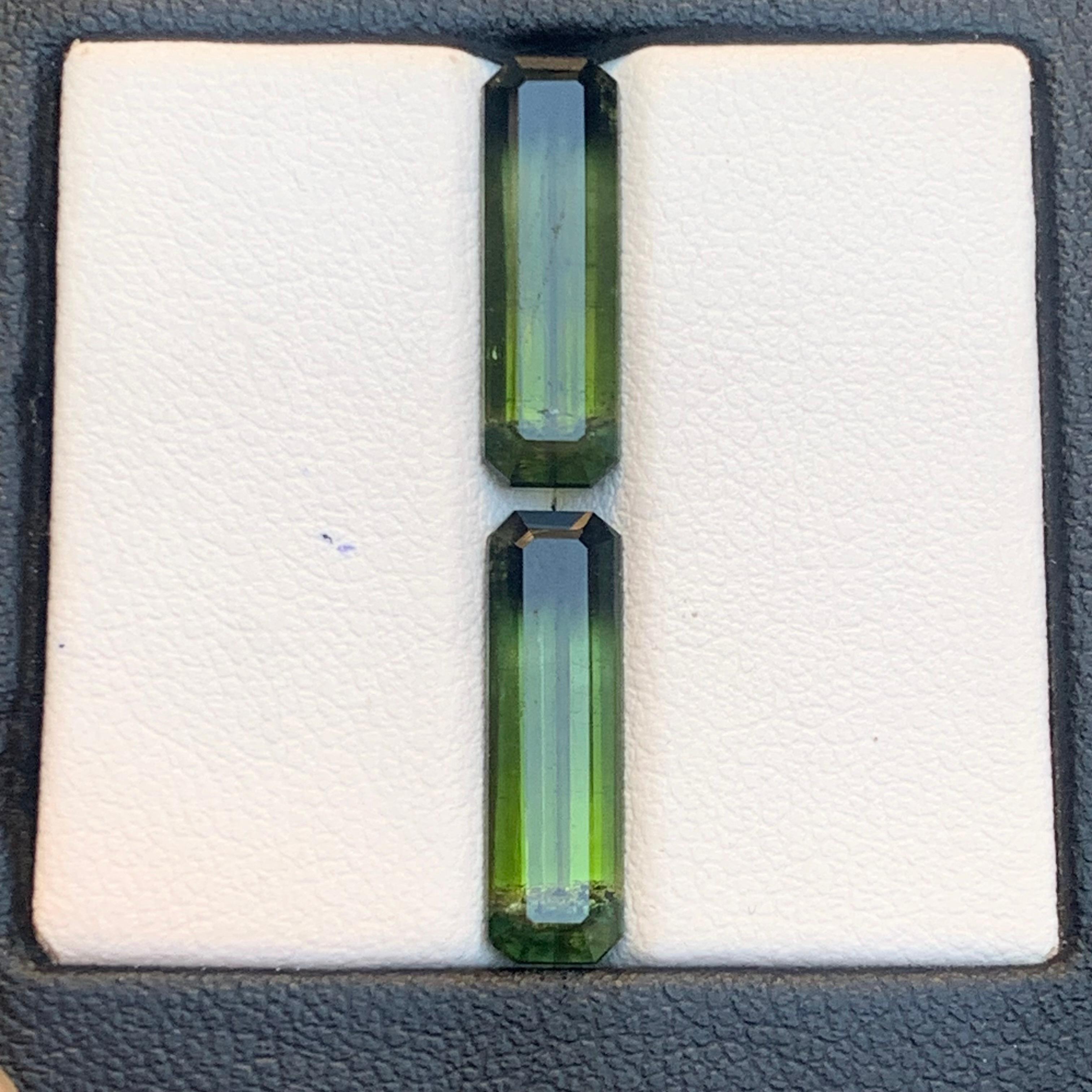 Contemporary Natural Olive Green Bicolor Tourmaline 6.68 Ct Emerald Cut Loose Gemstone Set For Sale