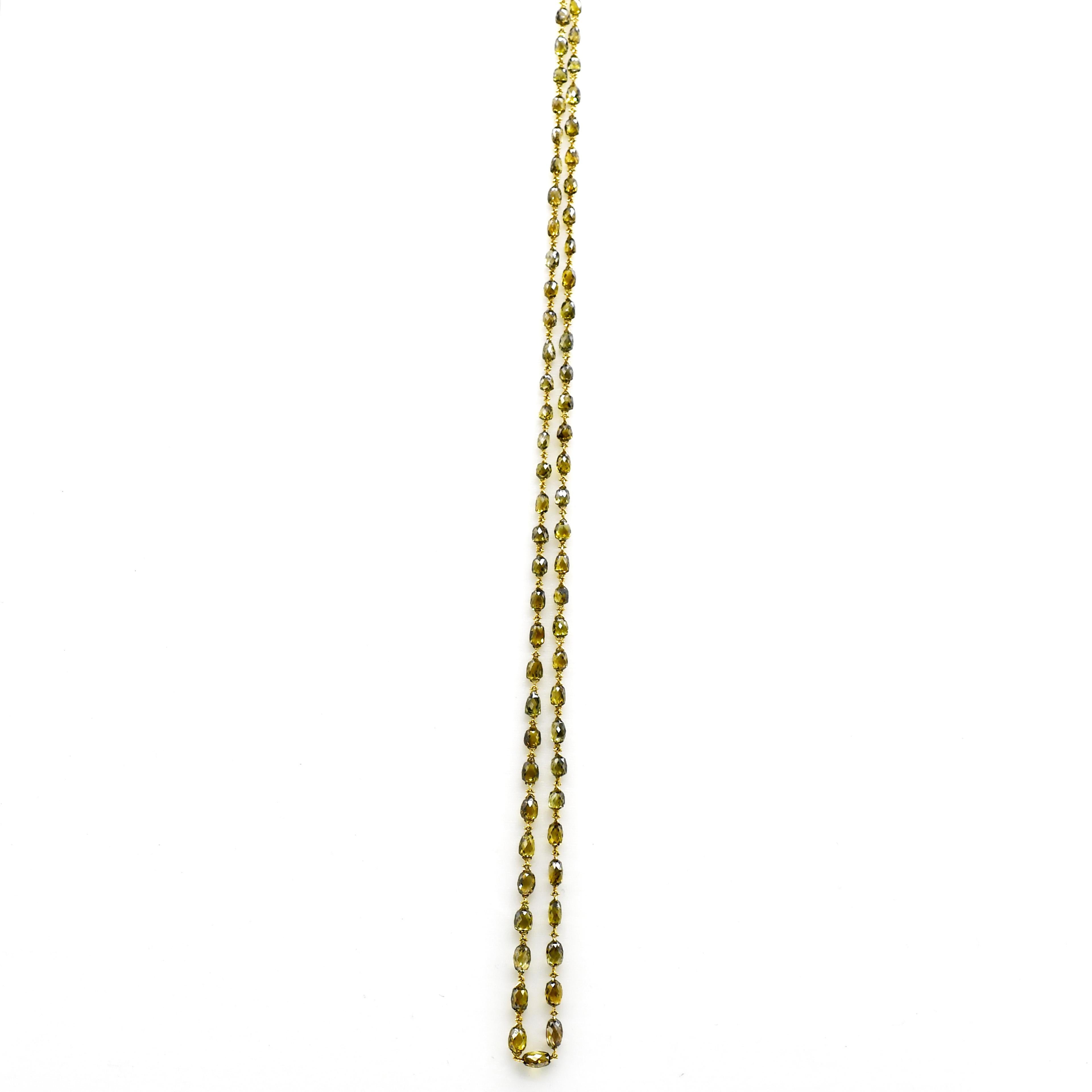 Modern Natural Olive Green Diamond Briollette Chain Necklace in 18 Karat Gold For Sale