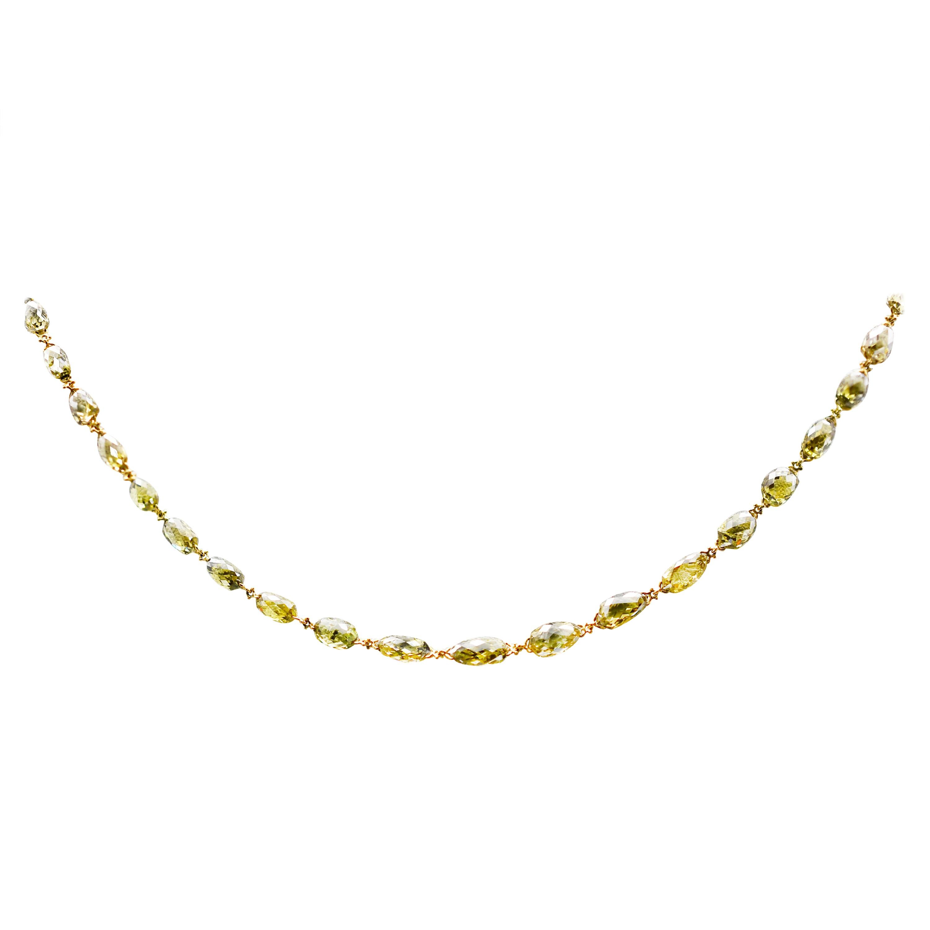 Natural Olive Green Diamond Briollette Chain Necklace in 18 Karat Gold For Sale