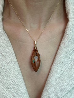 Natural Olive Pit Pendant 45mm x 17mm Necklace W/ Certified Icy Jade & Diamonds