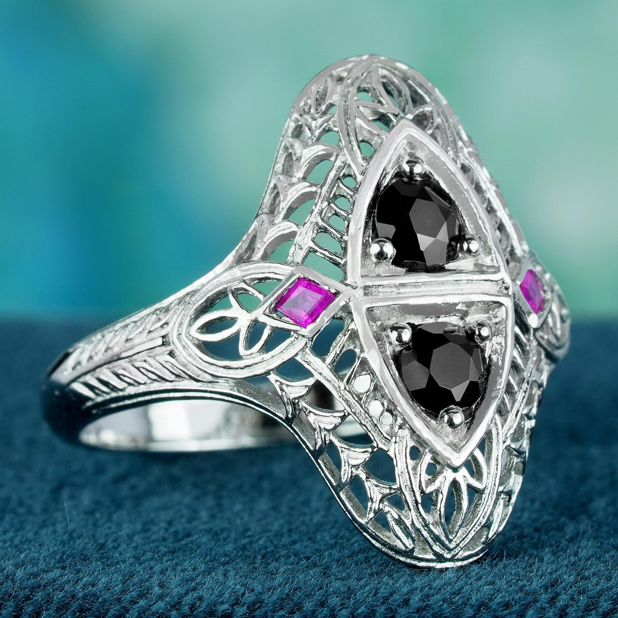 Edwardian Natural Onyx and Ruby Art Deco Style Filigree Ring in Solid 9K White Gold For Sale