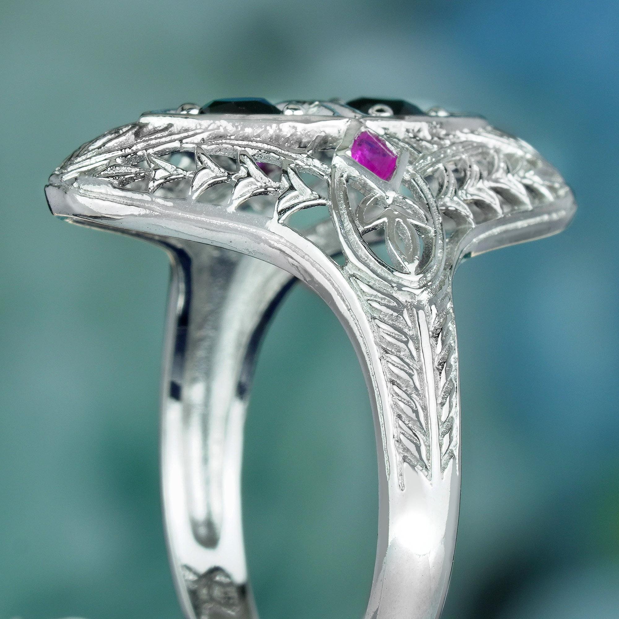 Women's Natural Onyx and Ruby Art Deco Style Filigree Ring in Solid 9K White Gold For Sale