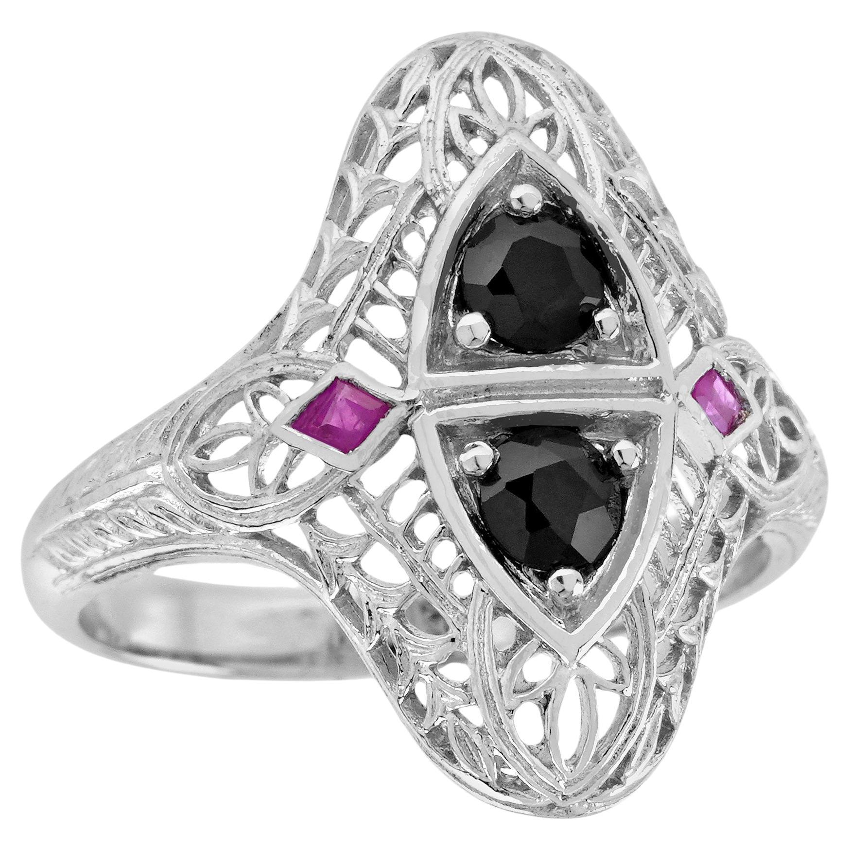 Natural Onyx and Ruby Art Deco Style Filigree Ring in Solid 9K White Gold For Sale