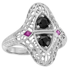 Natural Onyx and Ruby Art Deco Style Filigree Ring in Solid 9K White Gold
