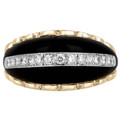 Natural Onyx & Diamond Two Tone Floral Gold Band with Pave Accents Ring