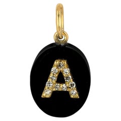 Natural Onyx Gemstone Charm Solid 14k Gold A Initial Genuine Diamond Pendant