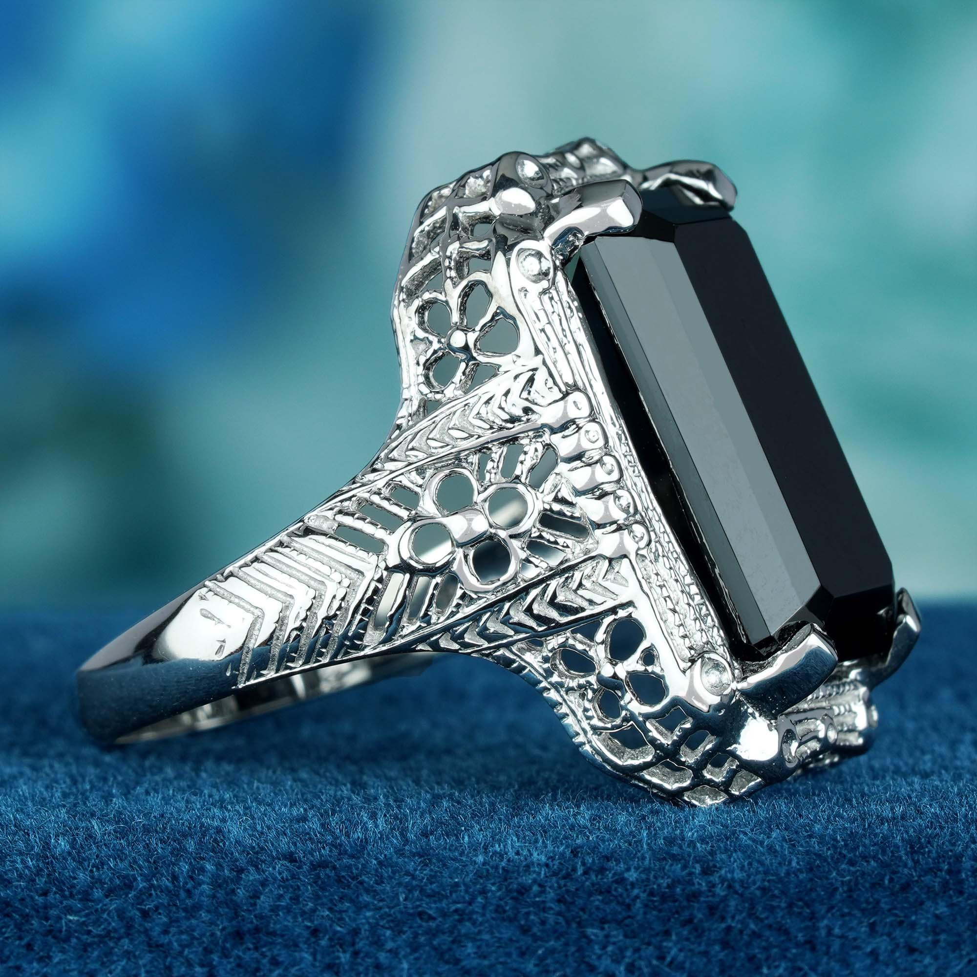 Emerald Cut Natural Onyx Vintage Style Filigree Cocktail Ring in Solid 9K White Gold For Sale