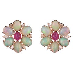 Natural Opal 11.39 Carat, Ruby 2.21 Carat 
Diamonds Stud Earrings