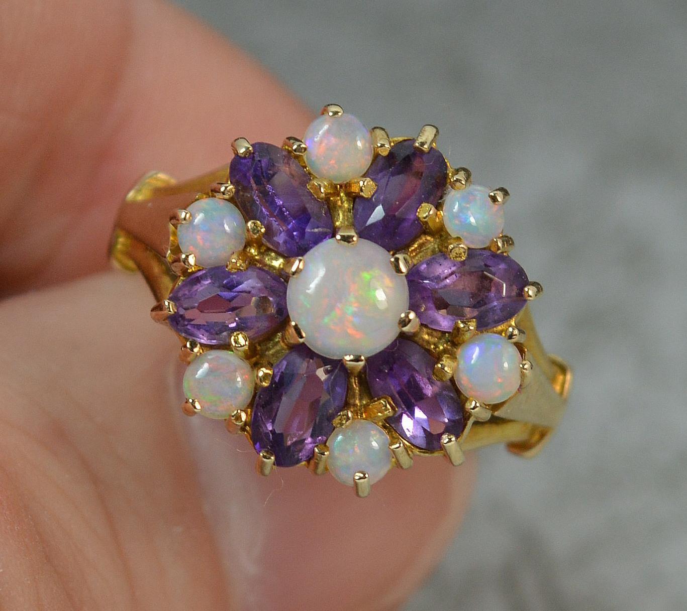 Natural Opal and Amethyst 9 Carat Gold Cluster Ring In Good Condition In St Helens, GB