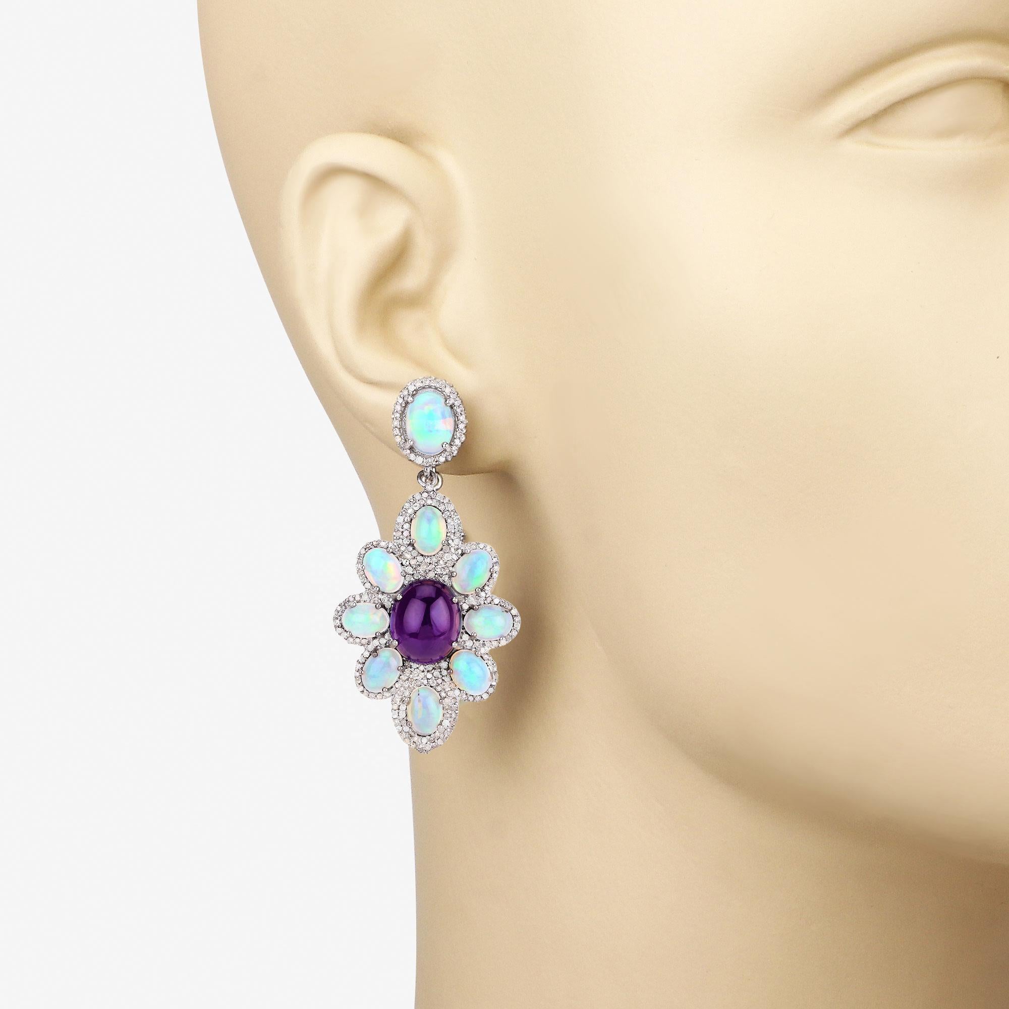 Mixed Cut Natural Opal Amethyst and Diamond Statement Earrings 25.5 Carats Total For Sale
