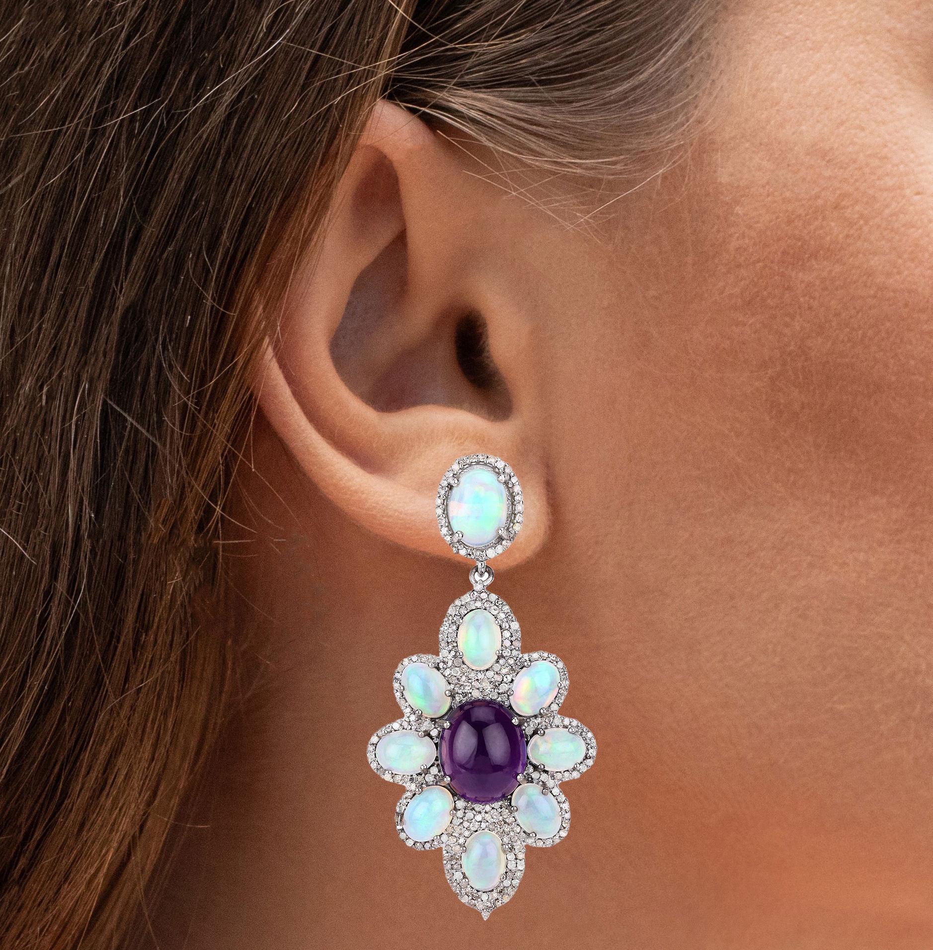 Contemporary Natural Opal Amethyst and Diamond Statement Earrings 25.5 Carats Total For Sale
