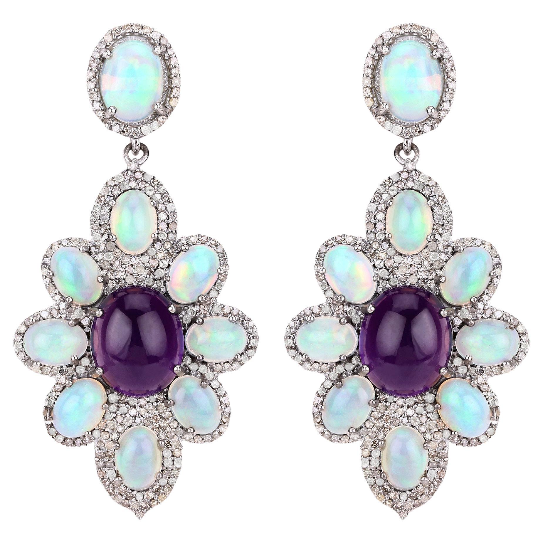 Boucles d'oreilles fantaisie en opale naturelle, améthyste et diamants de 25,5 carats au total