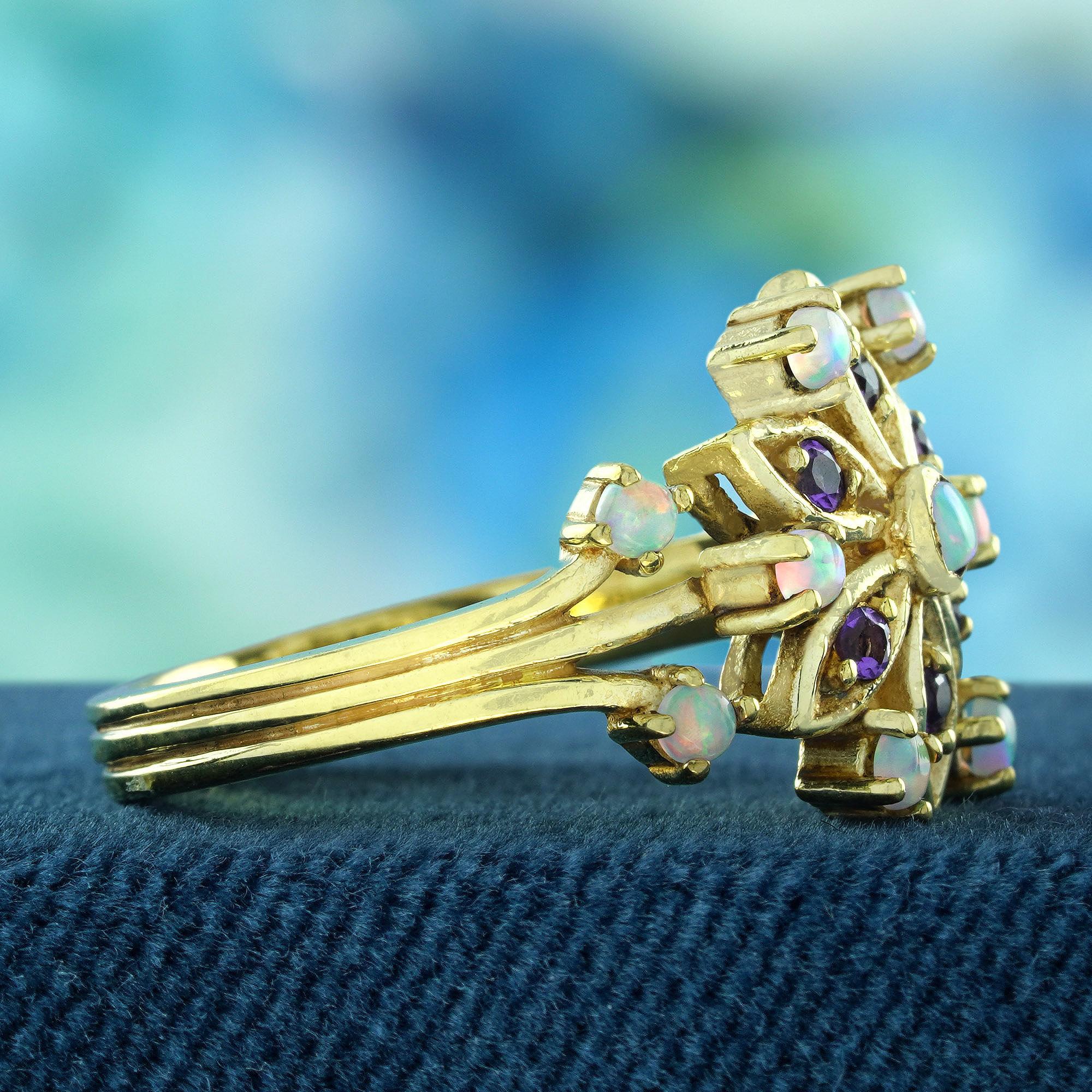 Round Cut Natural Opal Amethyst Vintage Style Floral Ring in Solid 9K Yellow Gold For Sale