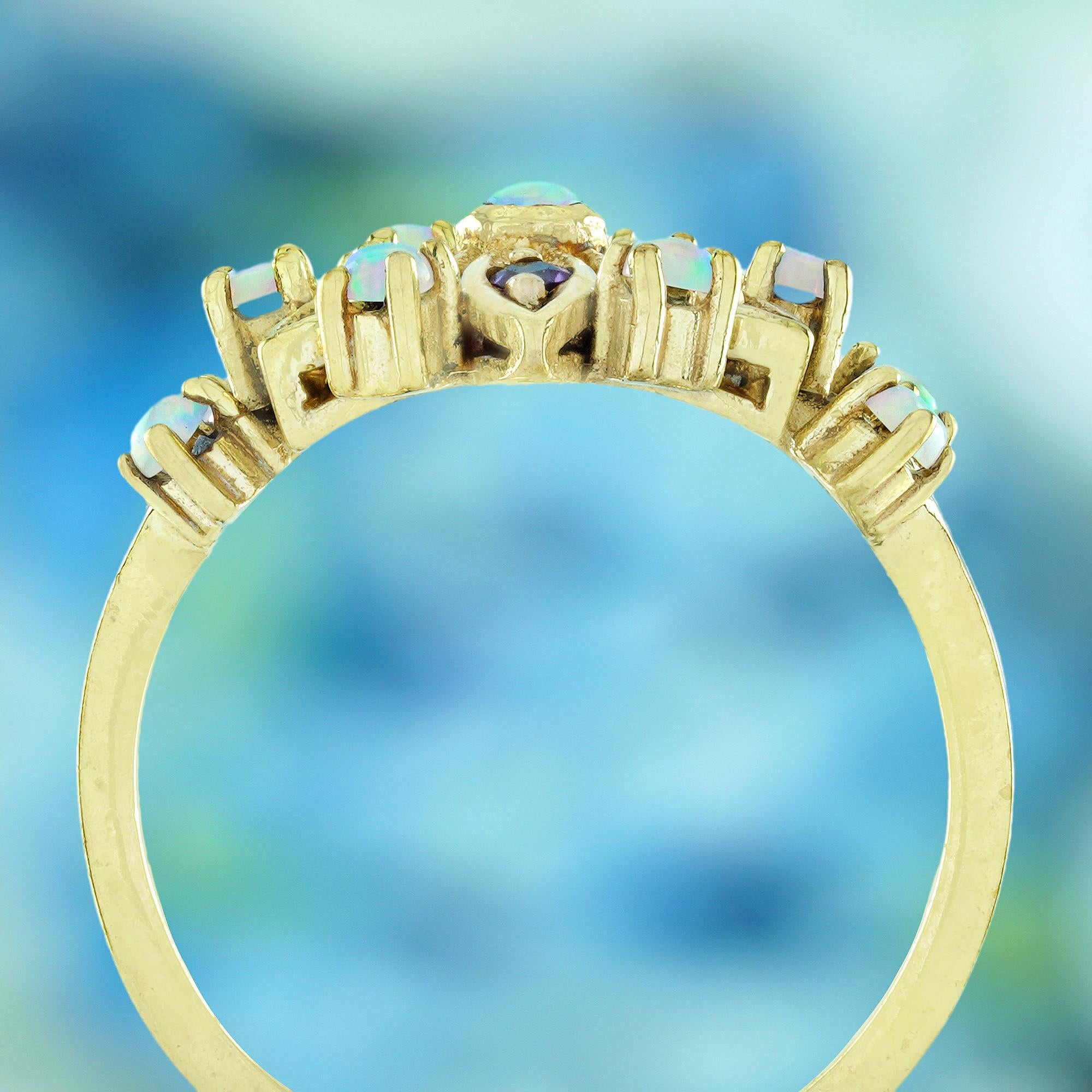 Natural Opal Amethyst Vintage Style Floral Ring in Solid 9K Yellow Gold In New Condition For Sale In Bangkok, TH