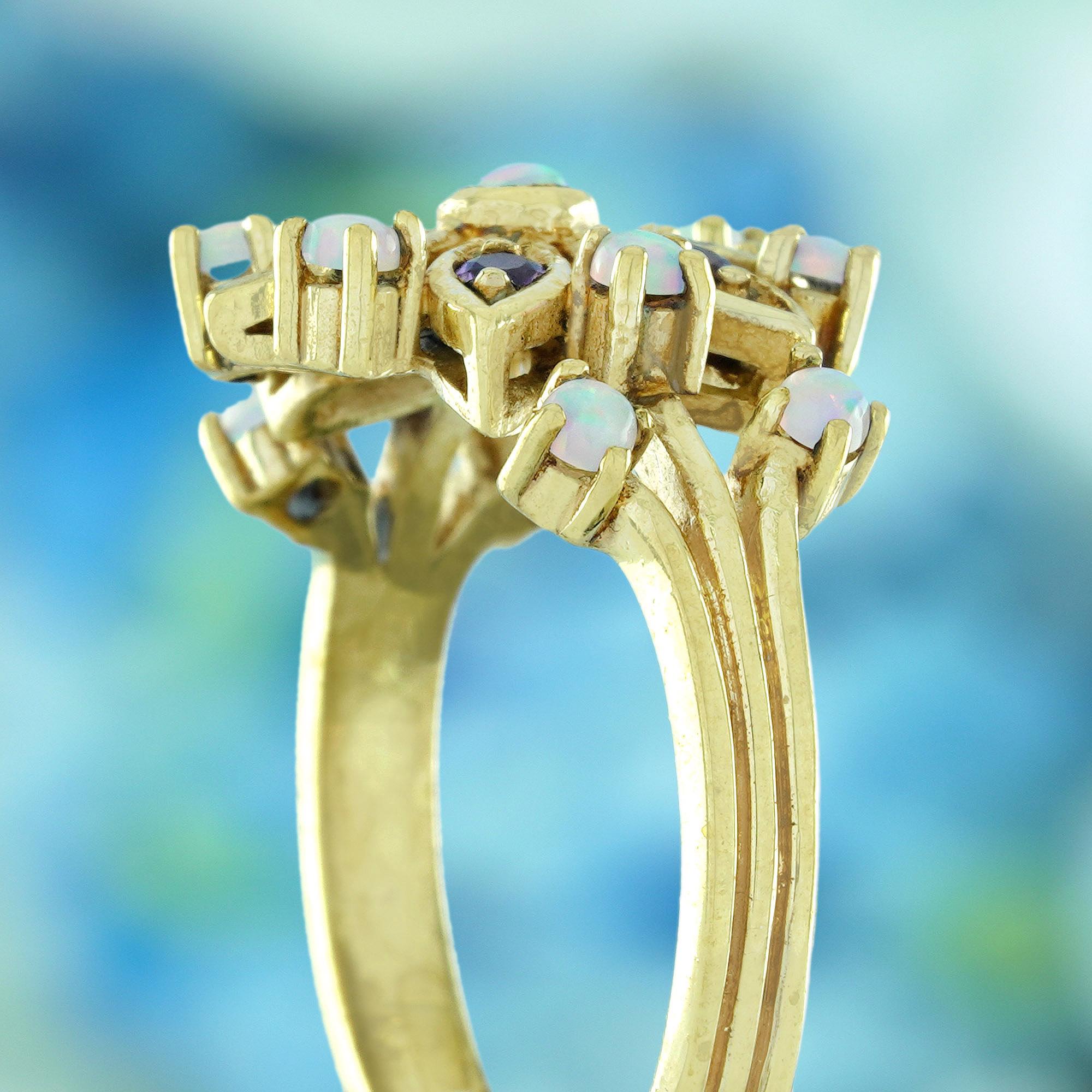 Women's Natural Opal Amethyst Vintage Style Floral Ring in Solid 9K Yellow Gold For Sale