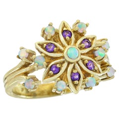 Natural Opal Amethyst Vintage Style Floral Ring in Solid 9K Yellow Gold
