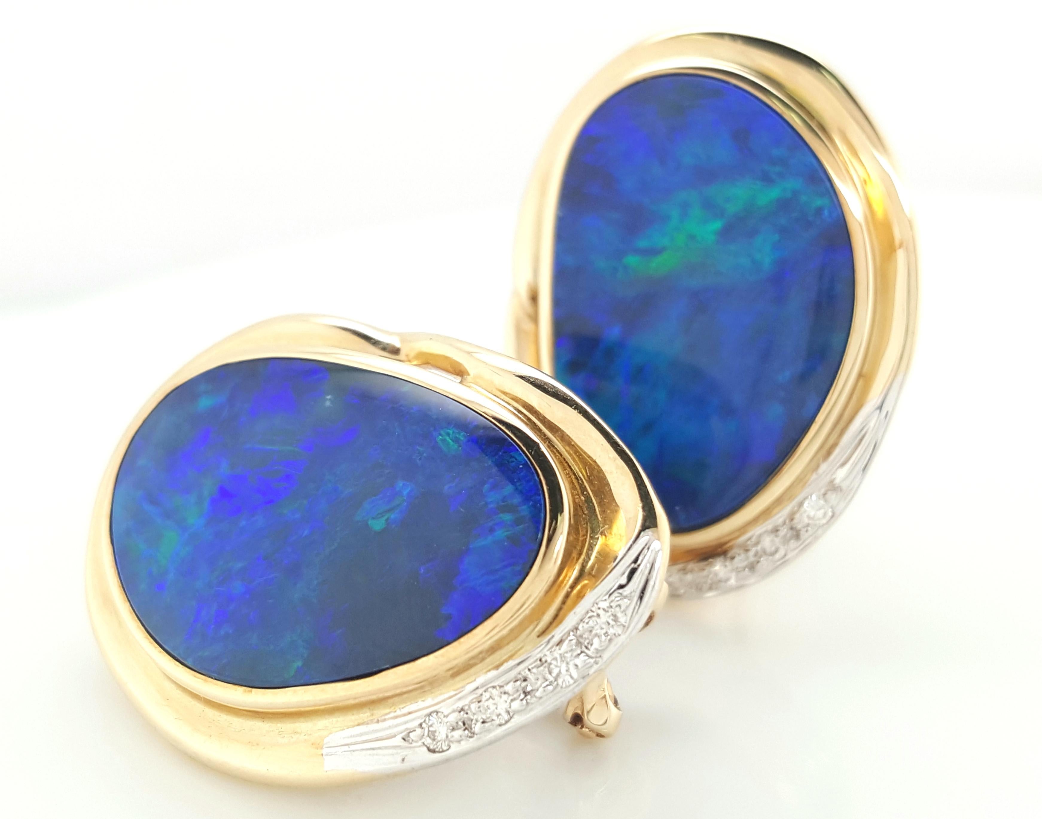 Natural Opal and diamond Stud Earrings Encased in 14 Karat Yellow Gold Bezels 3