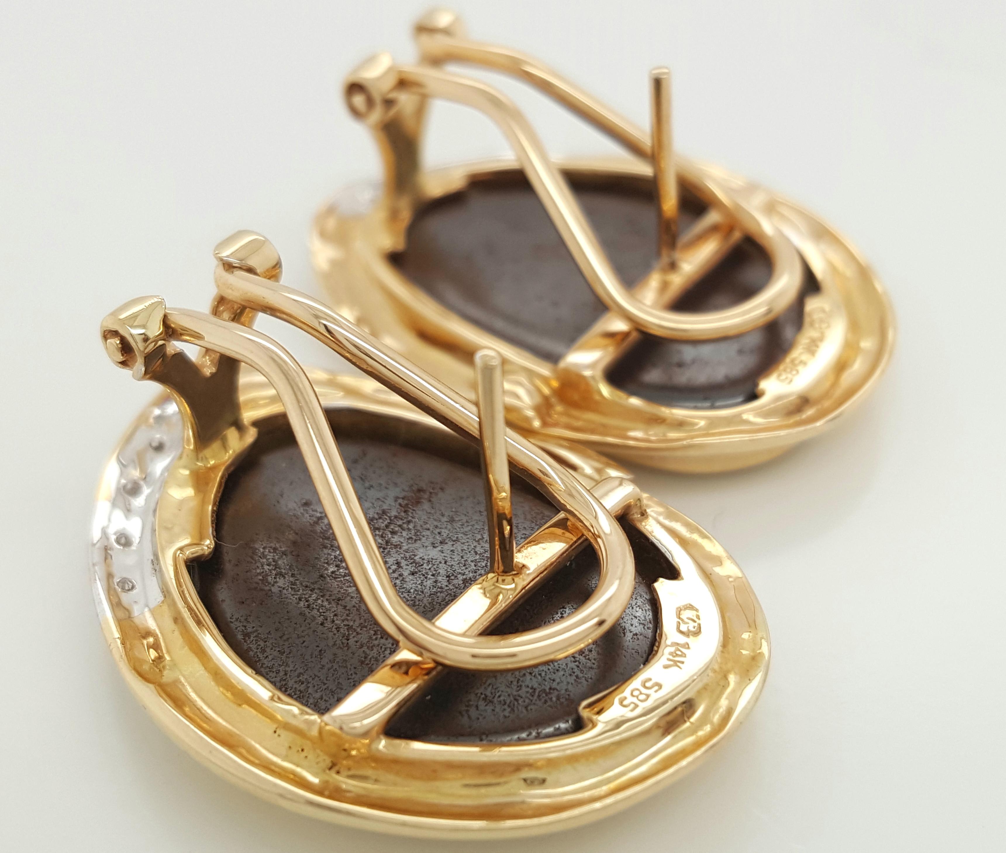 Art Deco Natural Opal and diamond Stud Earrings Encased in 14 Karat Yellow Gold Bezels