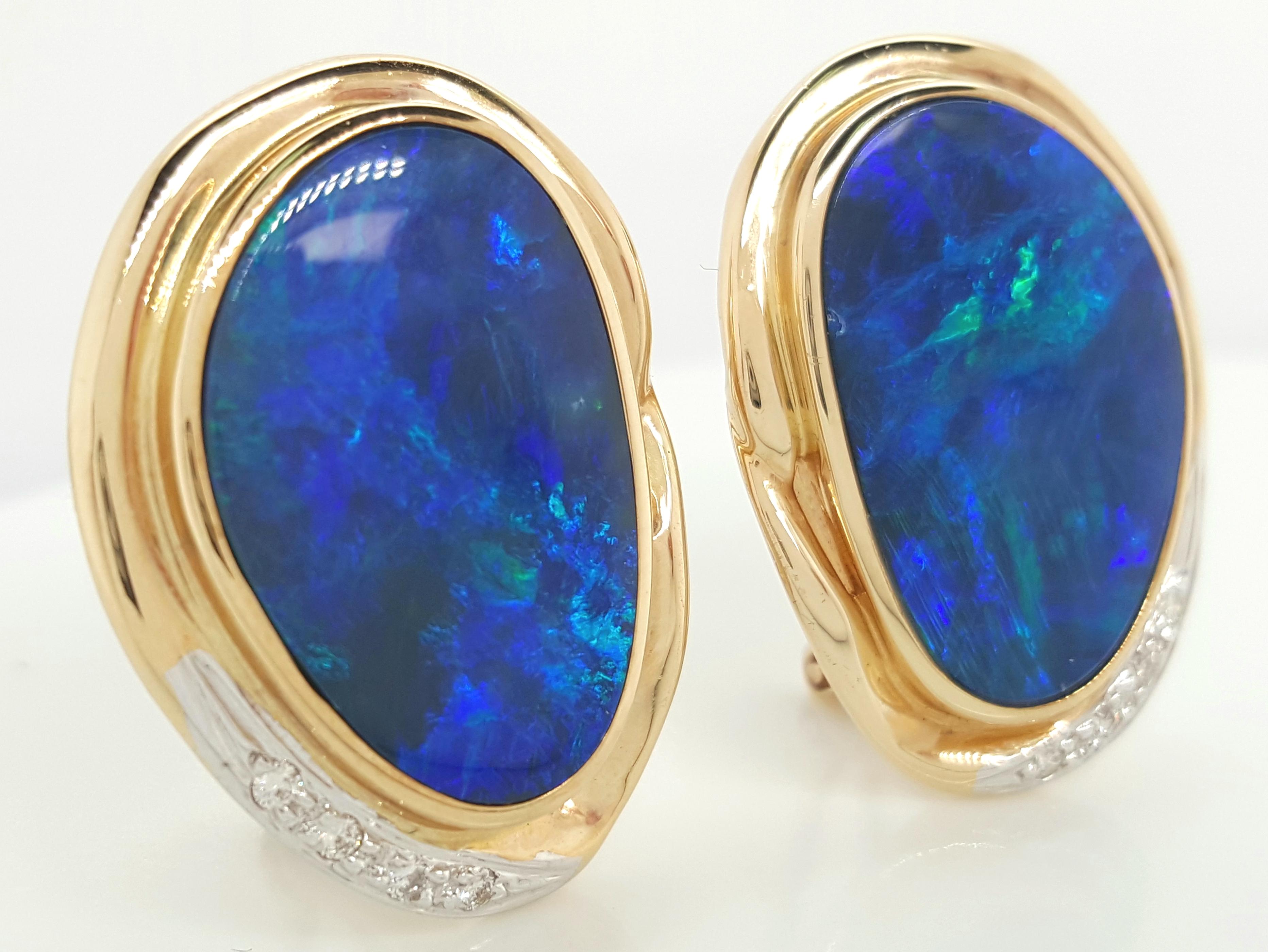 Natural Opal and diamond Stud Earrings Encased in 14 Karat Yellow Gold Bezels 1